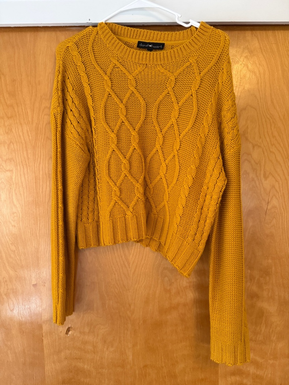 Derek Heart Mustard Cable Knit Asymmetrical Crop Sweater